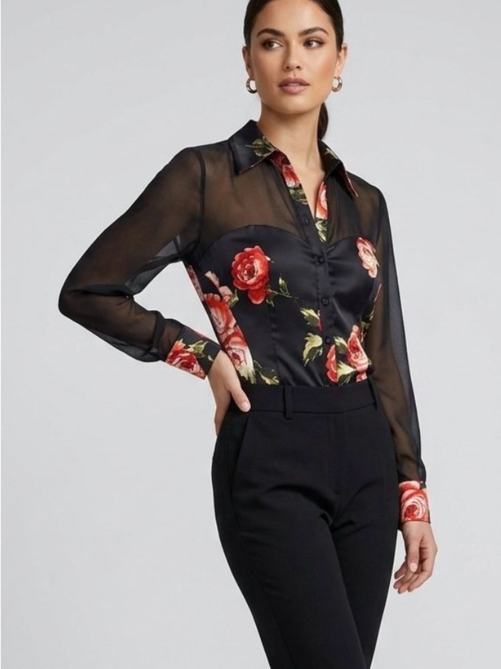 Cache Silk Black Sheer Sweetheart neckline Floral Button-Up Blouse